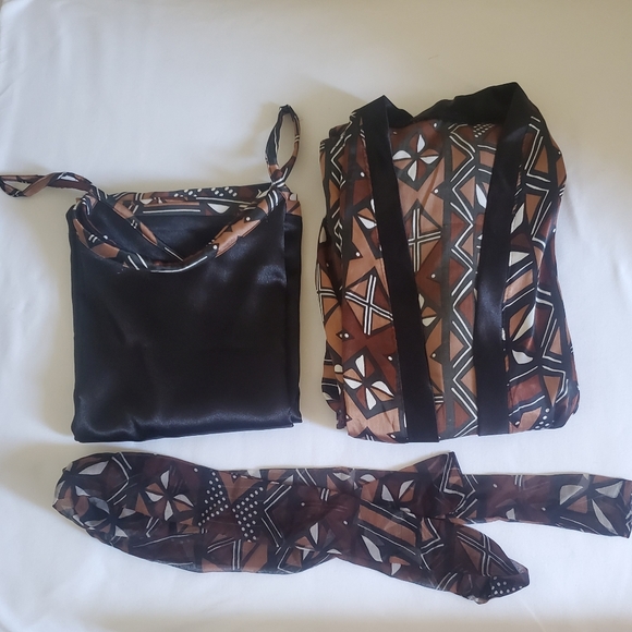 Silk African Print Sleepwear Set BLK Brown Size L - Picture 4 of 5